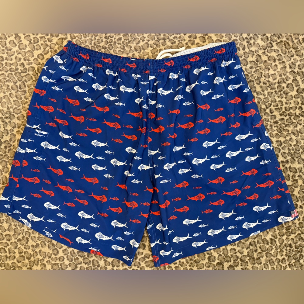 Hook & Tackle‎ Swim Trunks Mens 2x royal blue red & white! Elastic Waist. Lined.